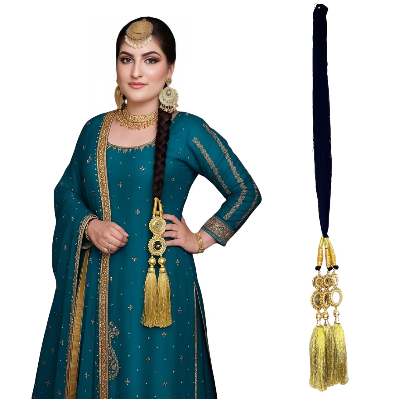 AHS 30 Inch Golden Punjabi Parandi Hair Accessory with Mirror Braid Tassels | Hair Extensions for Girls and Women | Traditional Ethnic Paranda Long Hair Plait for Weddings, Festivals & Party