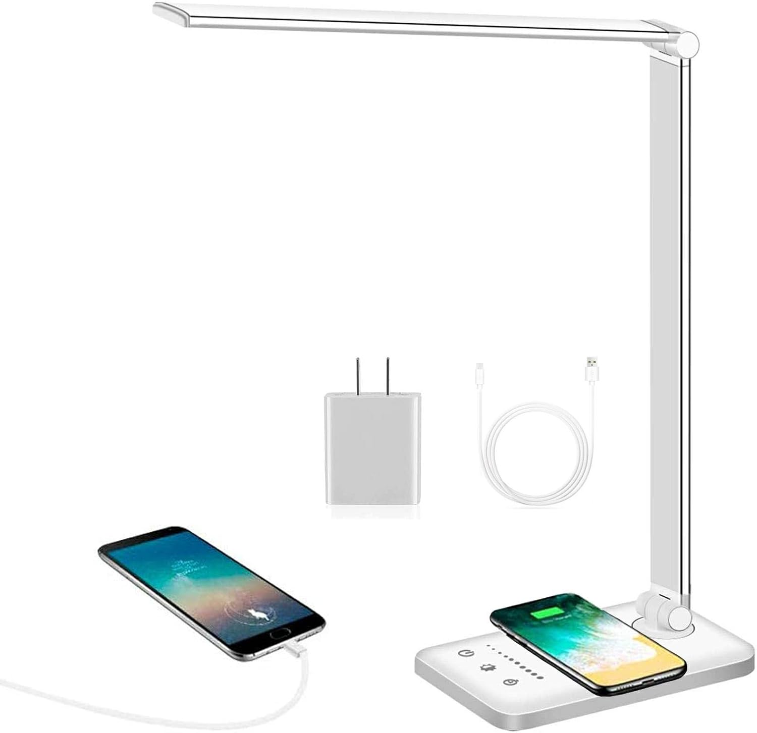 LED Desk Lamp, FFTONG Office Lamp with Wireless Charger & Adapter, USB Charging Port, Touch Control, 5 Lighting Modes & 5 Brightness Levels, Auto Timer, Dimmable Eye-Caring Table Light, Silver