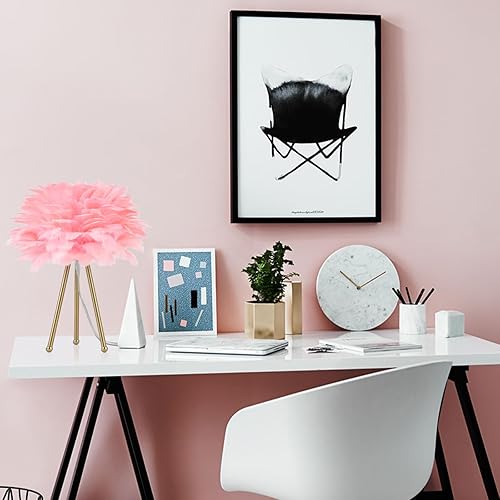 Miniatura 4 de Capslpad Lámpara de mesa con trípode de plumas, lámpara de noche moderna rosa de 15.3 pulgadas, lámpara de mesita de noche con acabado dorado para