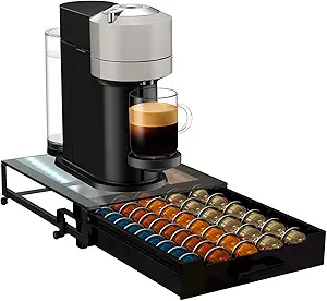 Coffee Pod Rolling Drawer Organizer with Crystal Clear Tempered Glass Topboard, Compatible for 75 Small or 50 Big Nespresso Vertuo Pods