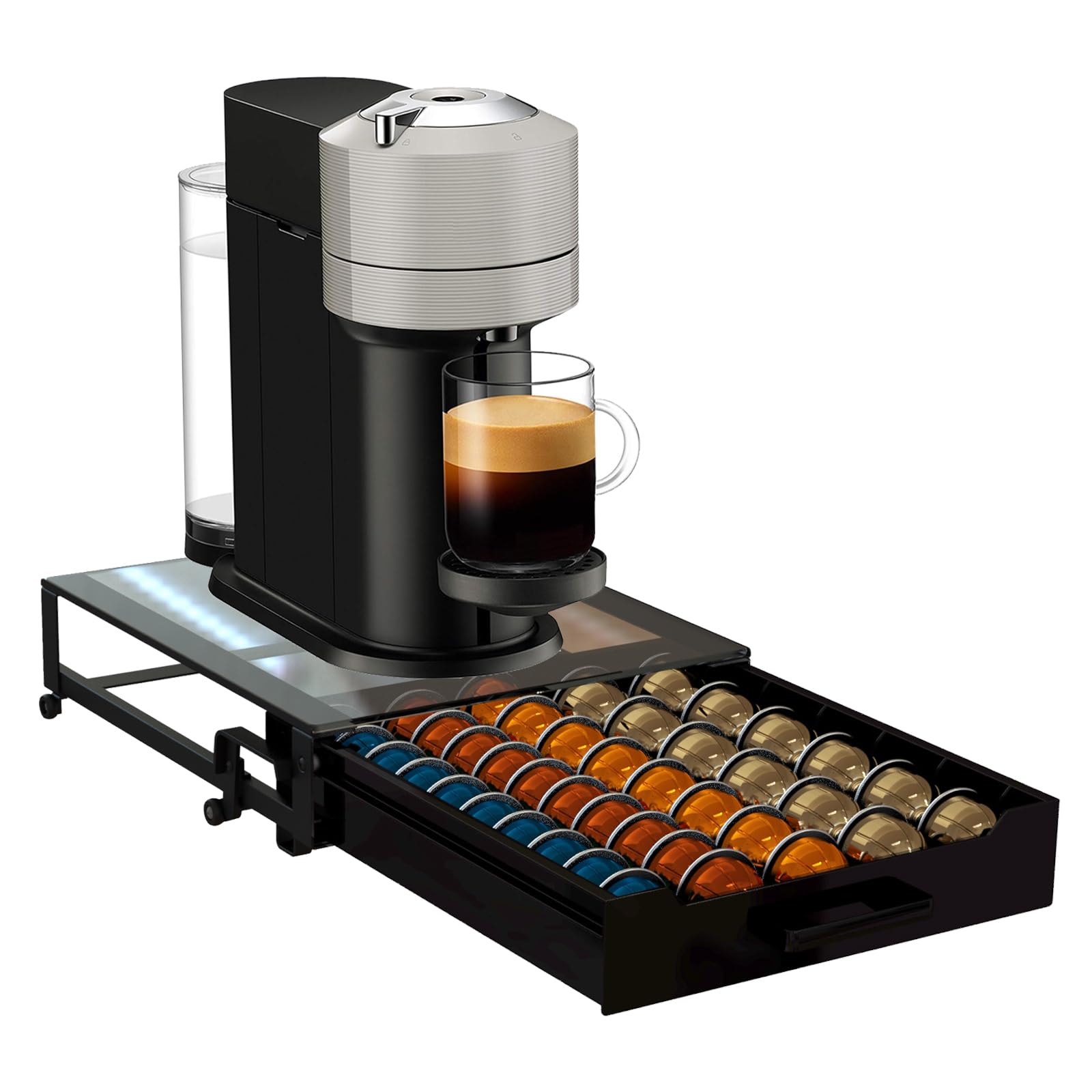Coffee Pod Rolling Drawer Organizer with Crystal Clear Tempered Glass Topboard, Compatible for 75 Small or 50 Big Nespresso Vertuo Pods