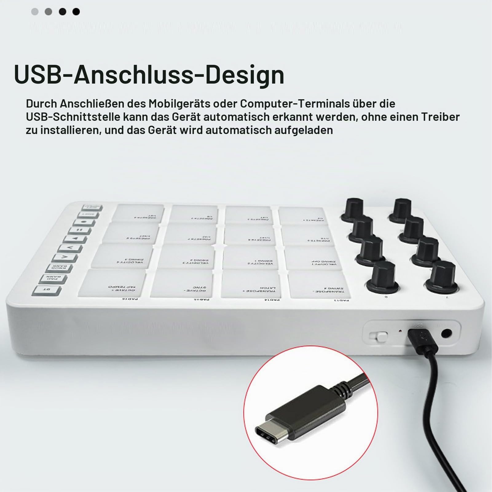 Drahtloser MIDI Pad Controller mit 16 RGB Anschlagdynamik Pads | 8 zuweisbare Drehregler Bluetooth Verbindung USB MIDI Ausgang Typ C Studio Bühne