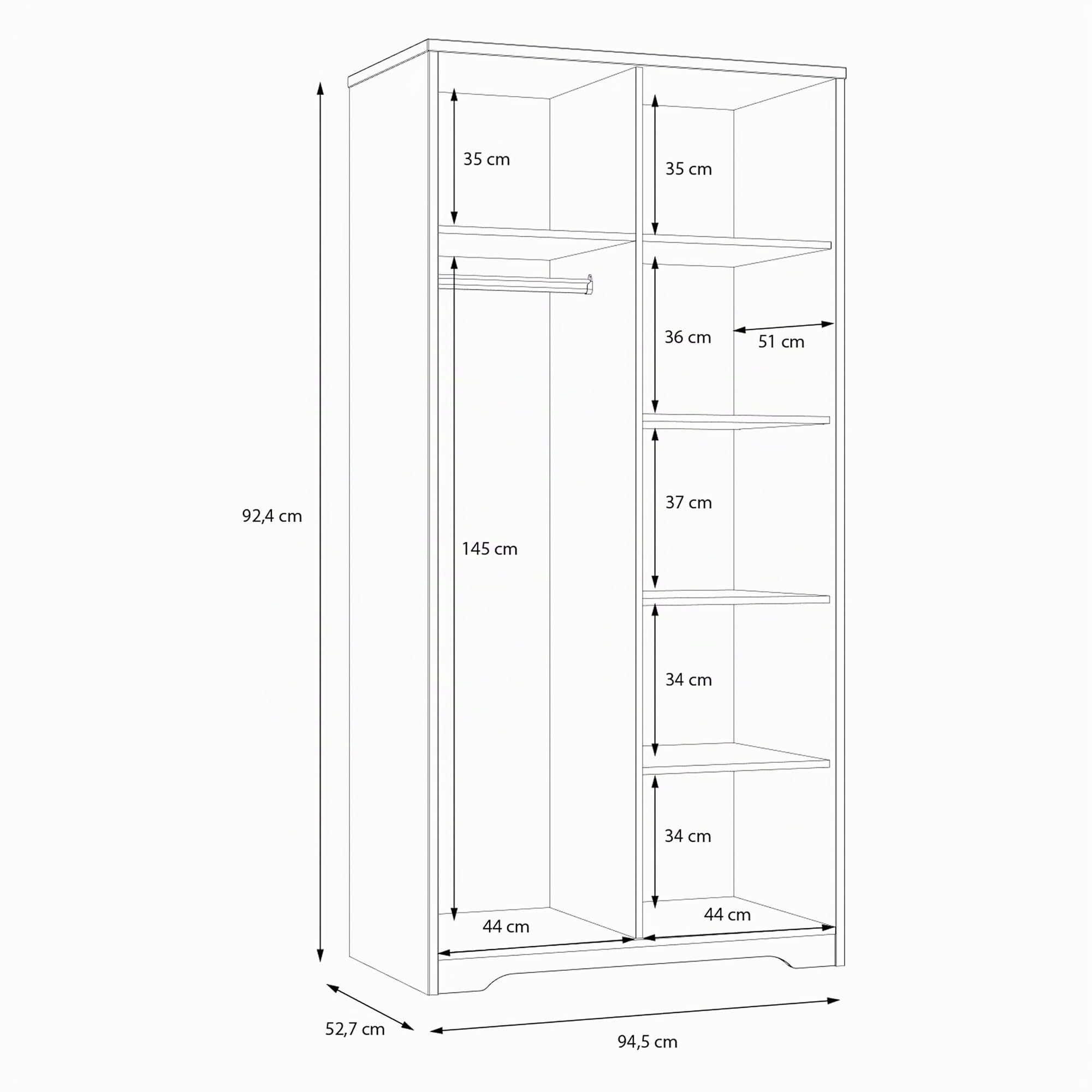Forte JOADAKIS Kleiderschrank 95, klassischer Drehtürenschrank mit 2 Türen und Einlegeböden, Holzwerkstoff, Catania Eiche Dekor, 94,5 cm breit, 192,4 cm hoch, 52,7 cm tief
