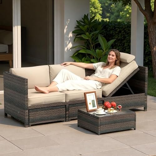 SHGJ&SOFT 3pcs Patio Furniture Set, Rattan Recliner Sofa 3-Seat Wicker Outdoor Patio Conversation Set with Table, Patio Couch Set Rattan Sofa with Thick Cushions, Outside Couch for Backyard,Poolside