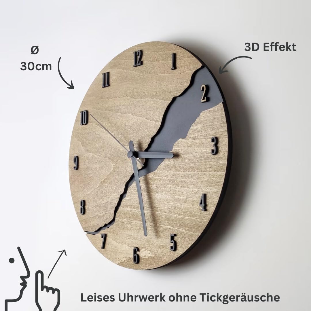 Wanduhr Holzoptik Modern 30 cm – Lautloses Quarz-Uhrwerk | Europäisches Design ohne Tickgeräusche – Stilvolle Uhr für Wohnzimmer, Küche, Büro & Schlafzimmer – Wandeko Bad Büro