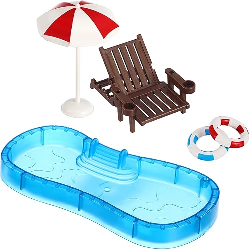 Mini juego de muebles de casa de muñecas con anillo de natación, piscina y silla de playa, plástico, colores surtidos, 7.87 x 3.54 x 0.78 pulgadas,