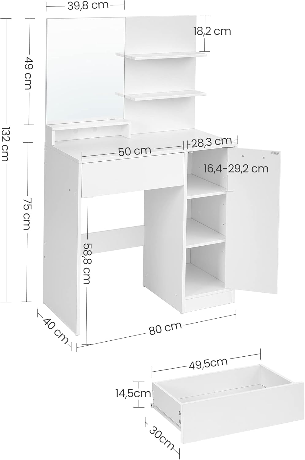 Diagram showing the dimensions of the VASAGLE Vanity Table