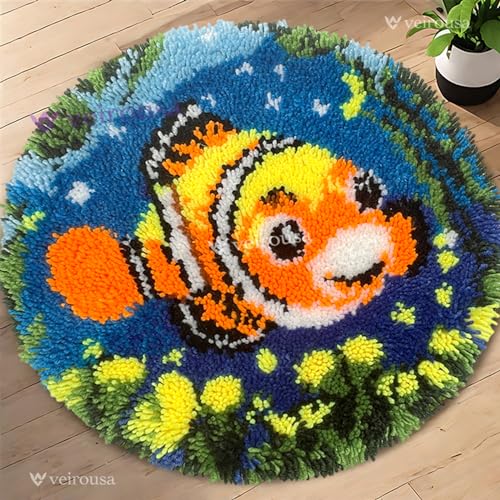 Image of veirousa Clownfish Latch Hook Rug Kits for Adults, Pre-Printed Beginners DIY Hooking Rug Kit Cross-Stitch Round Carpet Making Set for Home Decoration 19.7x19.7 inch