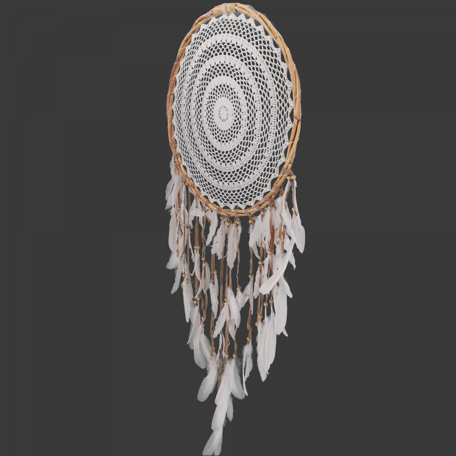 Großer exklusiver Traumfänger mit gehäkeltem Netz und Federn, weiß 50 cm | Riesiger Traumfänger, traditionelles Design, fängt böse Träume, ideal für Schlafzimmer, handgefertigt