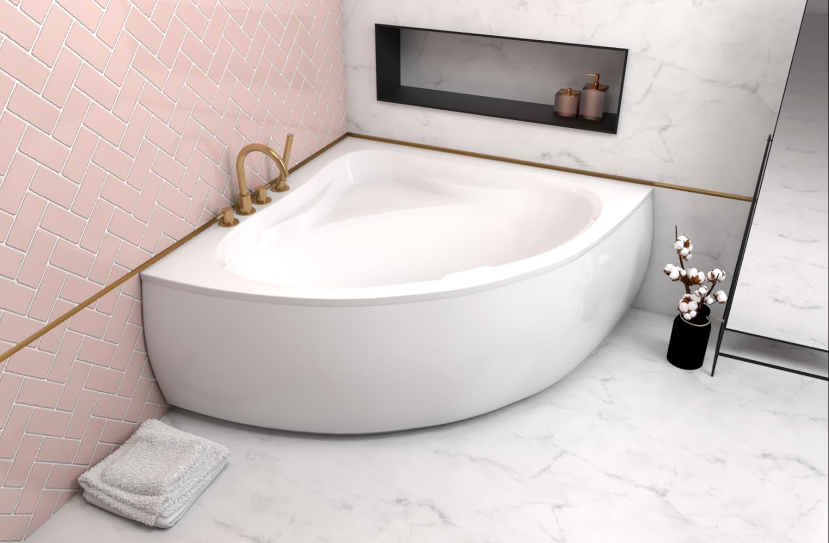 ECOLAM Baignoire d'angle symétrique Mia 140x140cm + tablier | pieds siphon silicone | Belle forme | Set complet