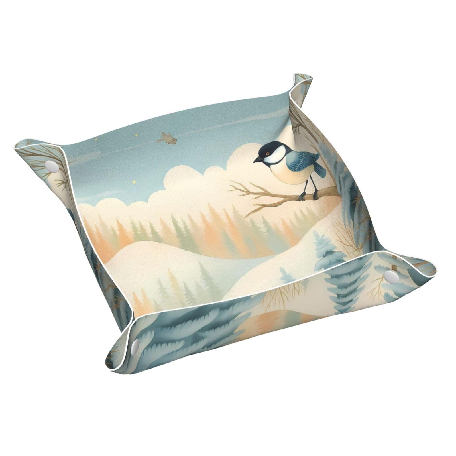 HLBSDM Winter Bird on Snowy Forest Branch Tray Men's Leather Valet Parking Portable Entrance Trays Bedside Storage Box