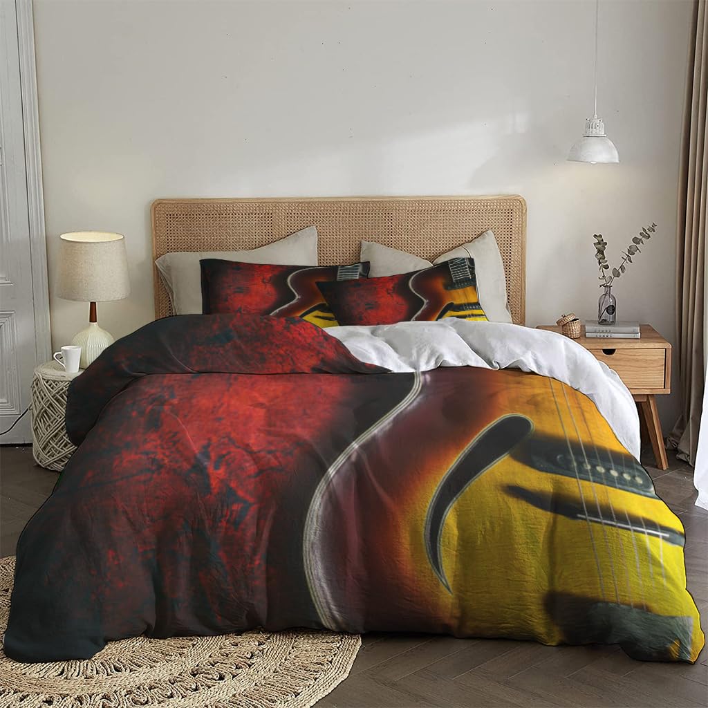 NIBAINLO 布団カバー赤いレトロな背景に古いギター 肌に優しい ピーチスキン加工 掛け布団カバー 和式 洋式 あったか 布団カバーセット リバーシブル ホームステイ ホテル 家庭兼用