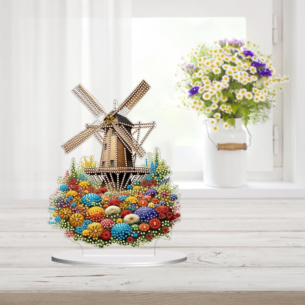 Awesocrafts Diamond Art Table Top Ornaments Flowers Windmill, 5D Diamond Painting Tabletop Decorations Special Shape Crystal Art Christmas Desktop Decor (Windmill)