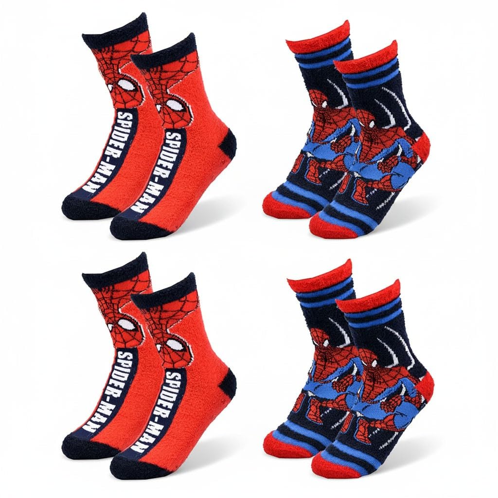 Pack 4 paires de chaussettes antidérapantes garçon – Marvel Spider-Man | Douces et résistantes | Coton peluche | Licence officielle Marvel | Tailles 23/26, 27/30, 31/35