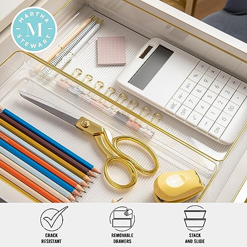 Image of Martha Stewart Kerry Plastic Stackable Office Desk Drawer Organizers, 12 inch x 6 inch, 3 Pack, with Gold Trim