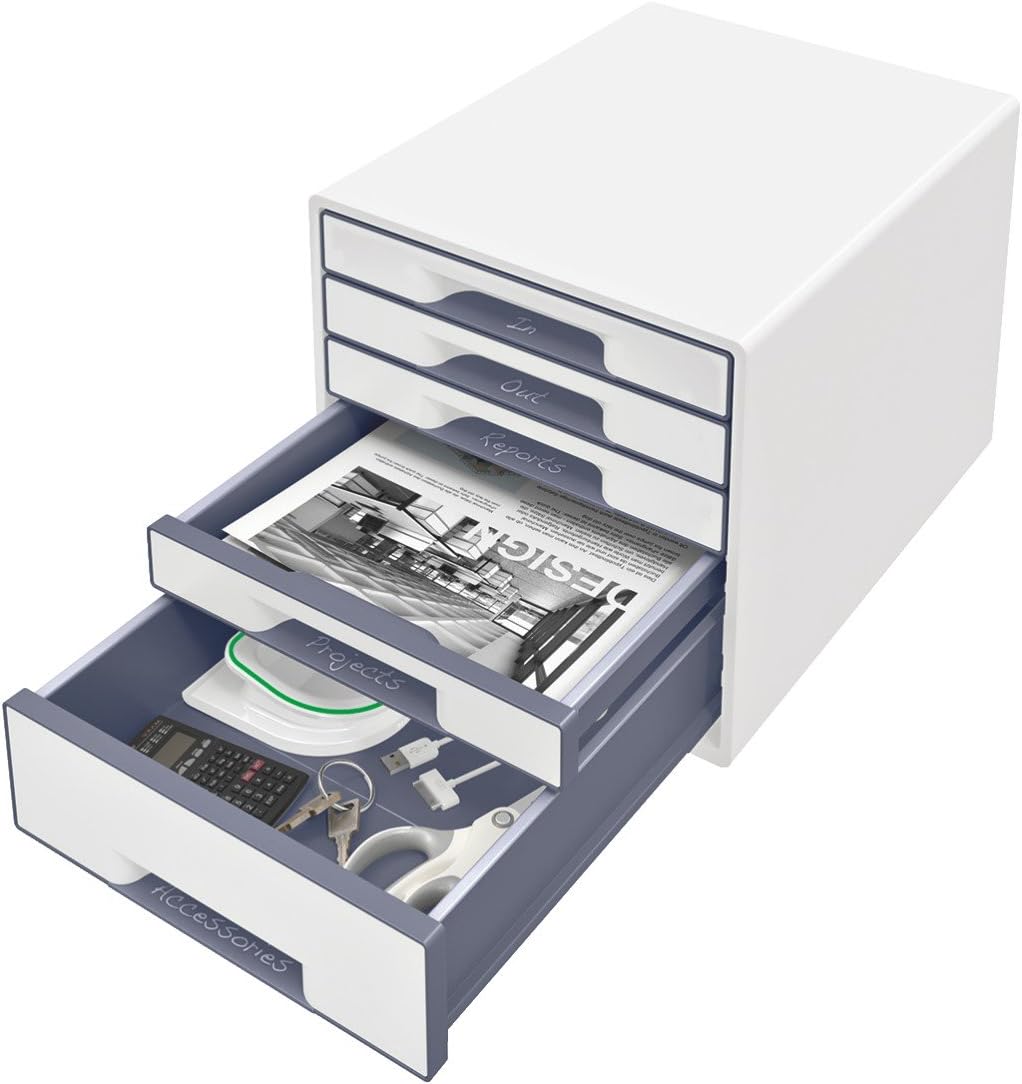 Leitz 5 A4 Drawer Cabinet, Organiser with Transparent Tray, Wow Range, White/Metallic Blue