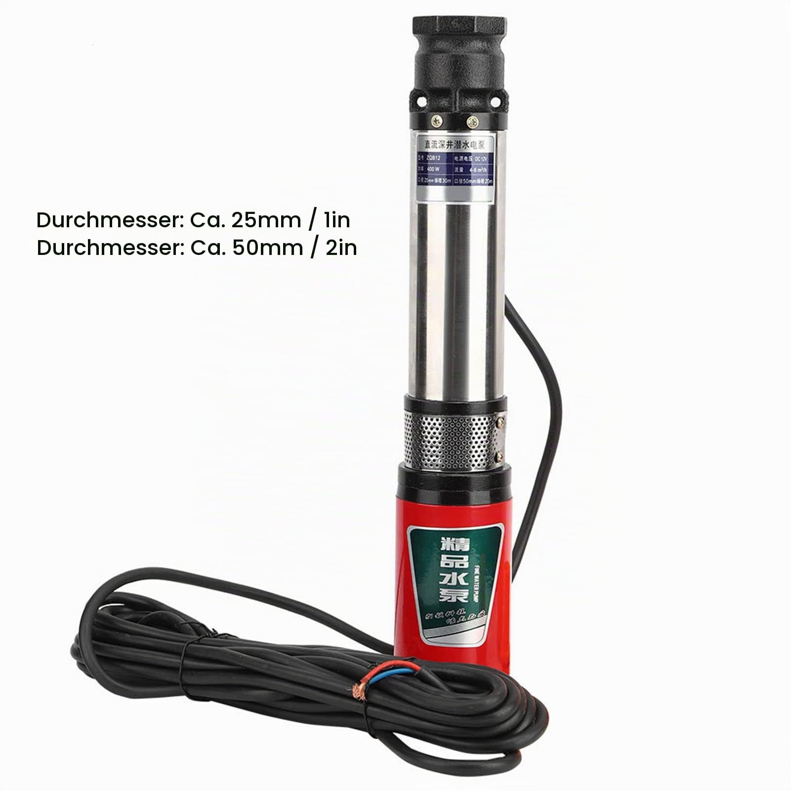 DC 12V Unterwasserpumpe, Tiefbrunnen Tauchpumpe Einseitig Saugende Wasserpumpe mit 2PI10 Meter Kabel Tauchwasserpumpe Wasserpumpe Selbstansaugend für Aquarium, Springbrunnen, Fischteich