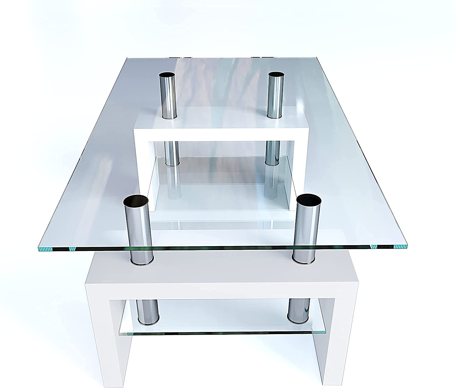 Tavolino Basso Rettangolare Salotto In Vetro Temperato E Legno MDF Per Soggiorno Salone Sala Da Pranzo Tavolo Da Caffè Con Ripiano Moderno Ed Elegante Indianapolis 100 x 60 x 45 cm (Bianco)