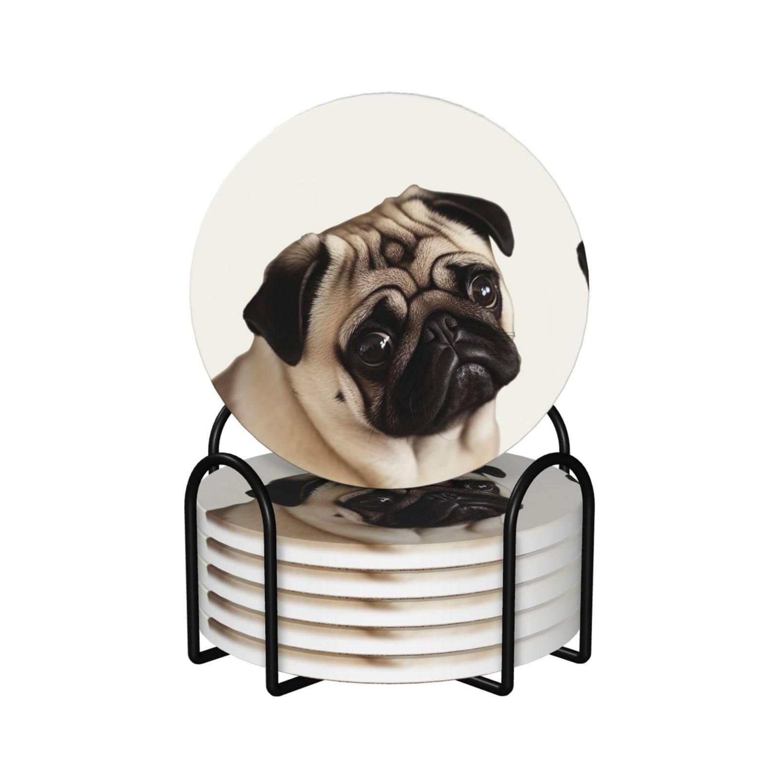 6Pcs Ceramics Coaster for Drinks, Pug Dog Cup Coasters with Holder, Aesthetic Drink Coasters for Coffee Table, Absorbent Round Coaster for Tabletop Protection 4" Cup Mat Pad