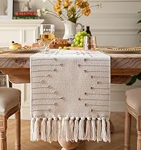 Luxurious 100% Natural Pure Cotton Handmade Heat Resistant Table Runner with Tassels for 6 Seater Dining Table Self Designer Pattern -Pack of 1 (Beige & White,14"x54")