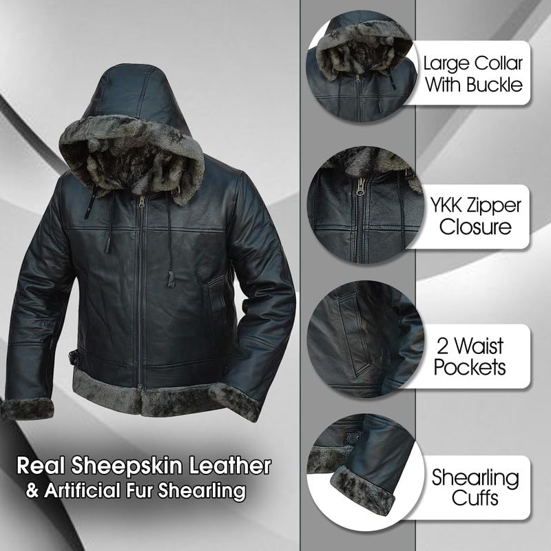 Mens Sheepskin Hooded Aviator Fur Shearling Jacket | Bomber Flight Pilot Black Leather Jacket | Removable Hoodie2