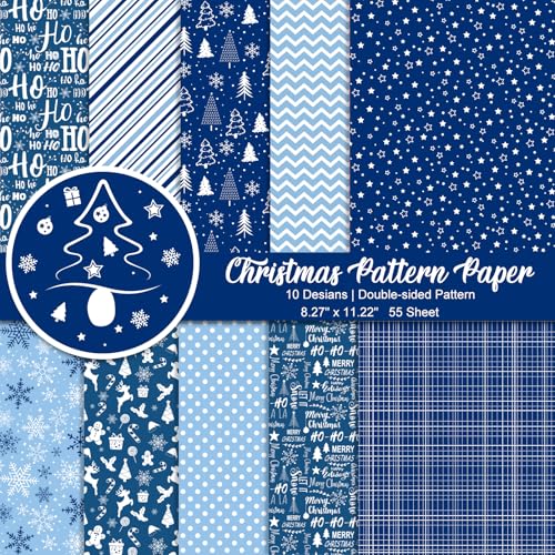 Morcheiong 55 vellen Vrolijk kerstmotiefpapier, decoratief papier voor het maken van kaarten, scrapbook, fotoalbum, decoratie, 10 ontwerpen (blauw, 22 x 30 cm)