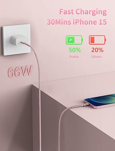 Miniatura 8 de Cable USBC de 10 pies, paquete de 2 cables largos USBC de carga rápida, cable trenzado de nailon USB C a USB C cargador de iPhone compatible con