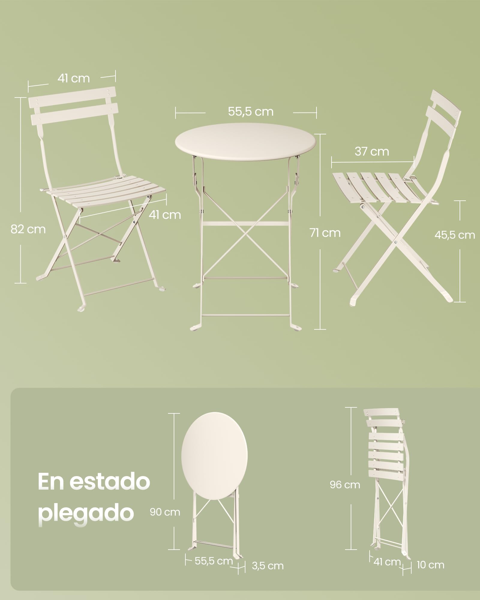 SONGMICS Juego de Jardín de Exterior, 3 Piezas, 2 Sillas y 1 Mesa, Plegable, Salón de Exterior, Acero, Resistente a la Intemperie, para Balcón, Terraza, Beige Capuchino GGF036LZ01 — view 7