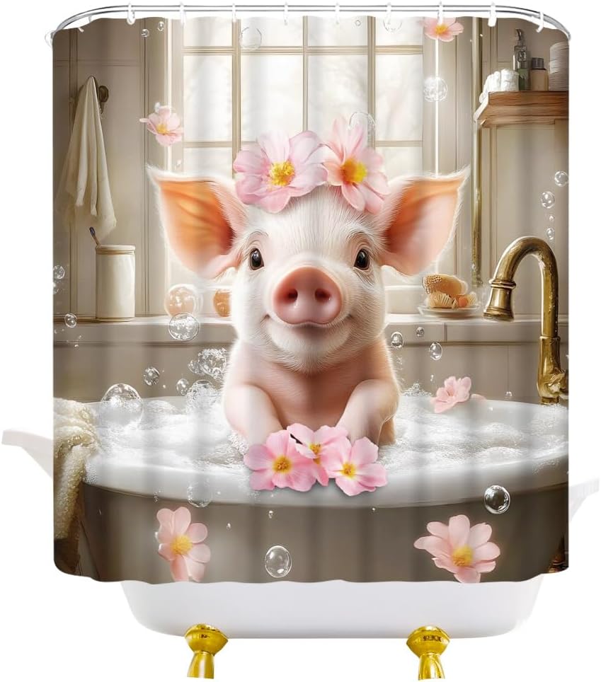 Lovely Pig Shower Curtain Cute Animal in Bathtub Funny Fabric Bathroom Decor Curtain with Hooks, 84Wx70H