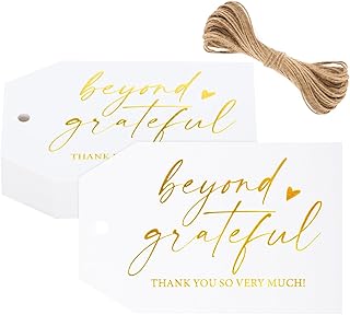 Thank You Gift Tags, Beyond Grateful Thank You Tags for Favors, 50 Pcs Gold Foil Thank You Gift Tags with String for Wedding Favors, Baby Bridal Shower, Thanksgiving, Special Events Parties
