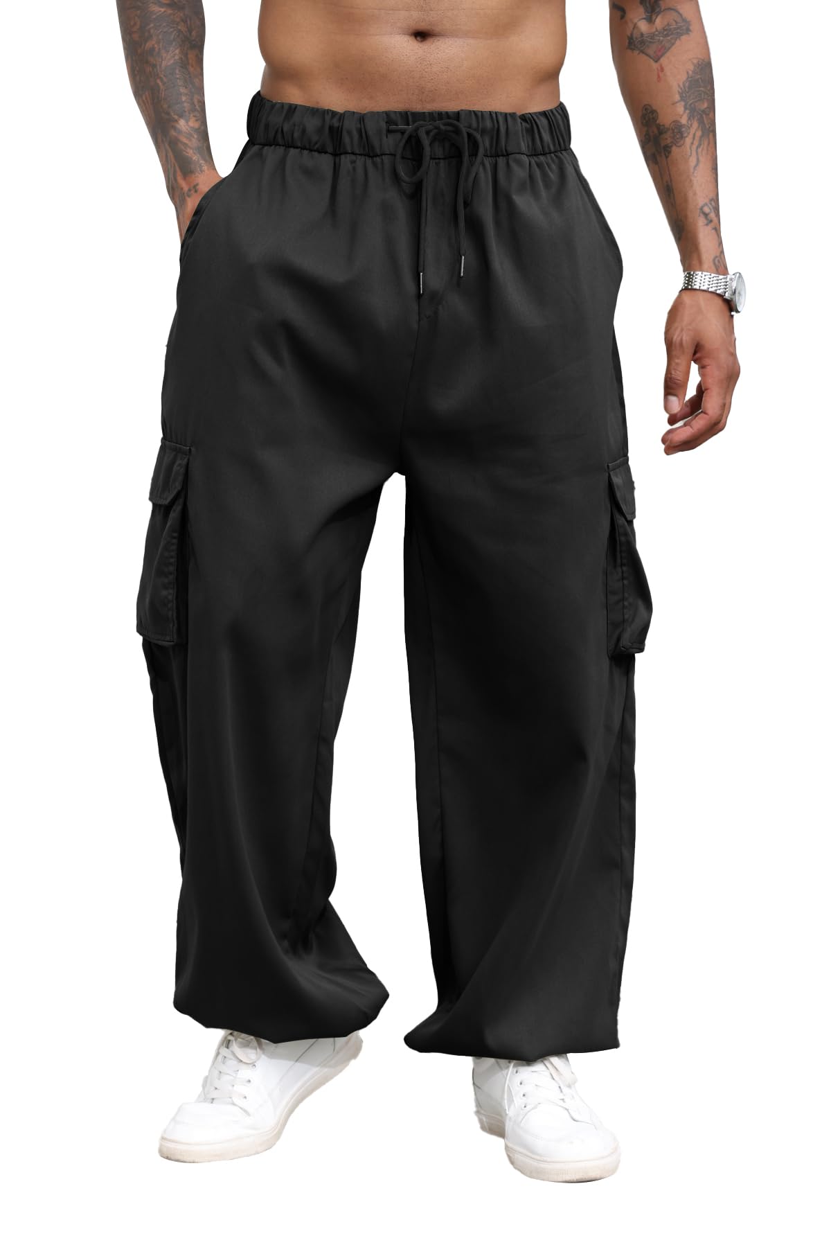YawYewsMen's Cargo Pants Elastic Waist Flap Pockets Parachute Pants Hip Hop  Baggy Harem Pants