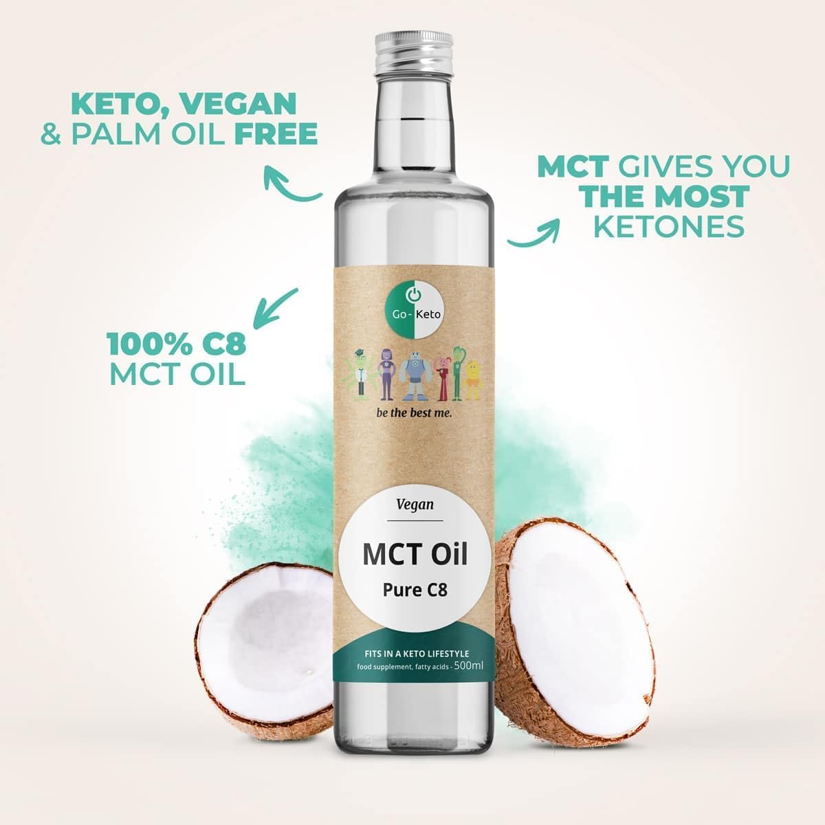 Go-Keto MCT Oil C8, 500 ml - HUILE TCM premium C8, dans bouteille en verre, 100% huile de coco, sans huile de palme, top pour le régime keto, our un bulletproof coffee, Paléo, végane