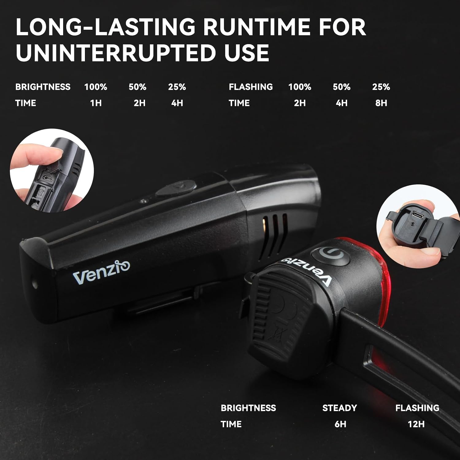 Venzio Bike Lights, 6+2 Mode Rechargeable Bike Headlight and Taillight | Bike Front and Rear Lights for Night Riding, IPX4 Waterproof Bicycle Light Set, Bike Accessories