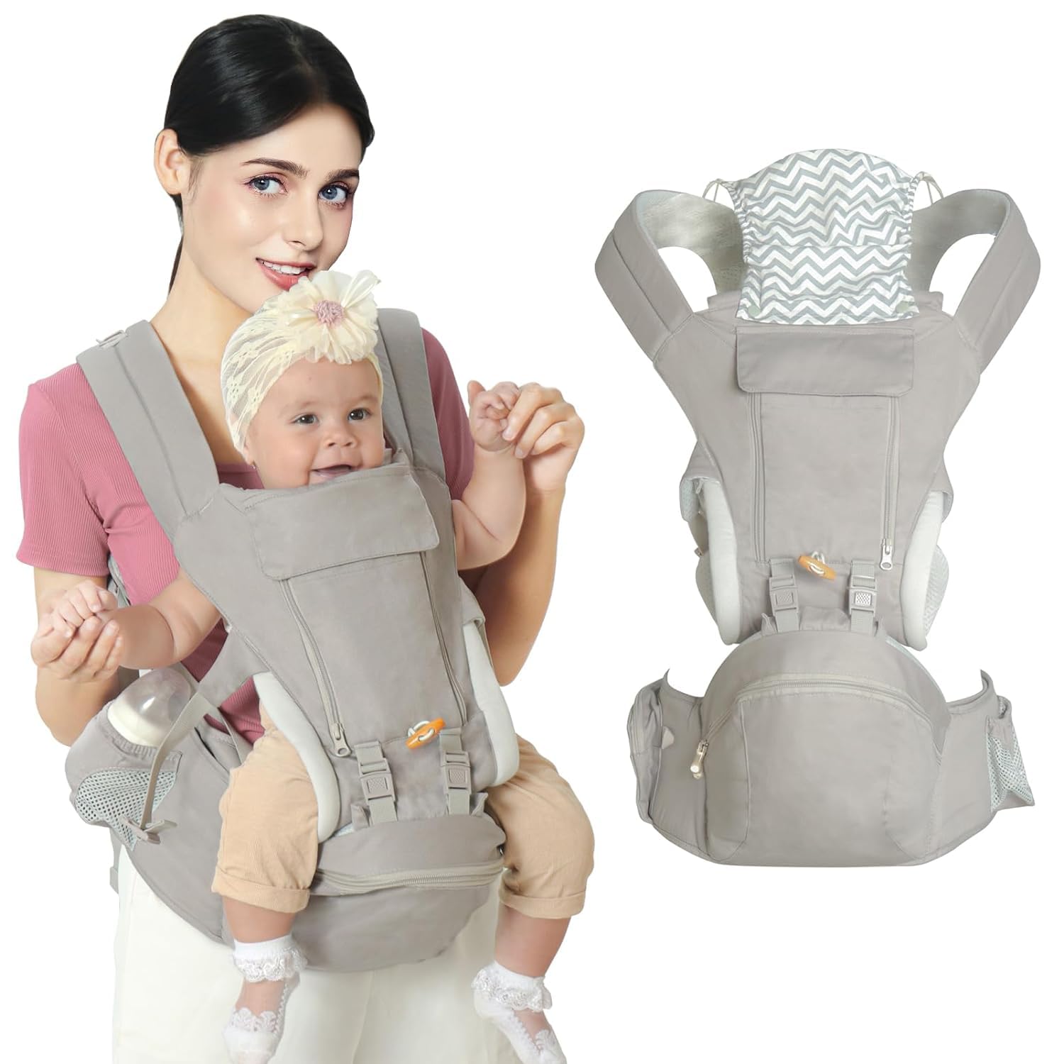 Baby Carrier, Sunzit Multifunction Baby Carrier Hip Seat (Ergonomic M Position) for 3-36 Month Baby, 6-in-1 Ways to Carry, with Sunshade and Windproof Storage for Breastfeeding (Grey)