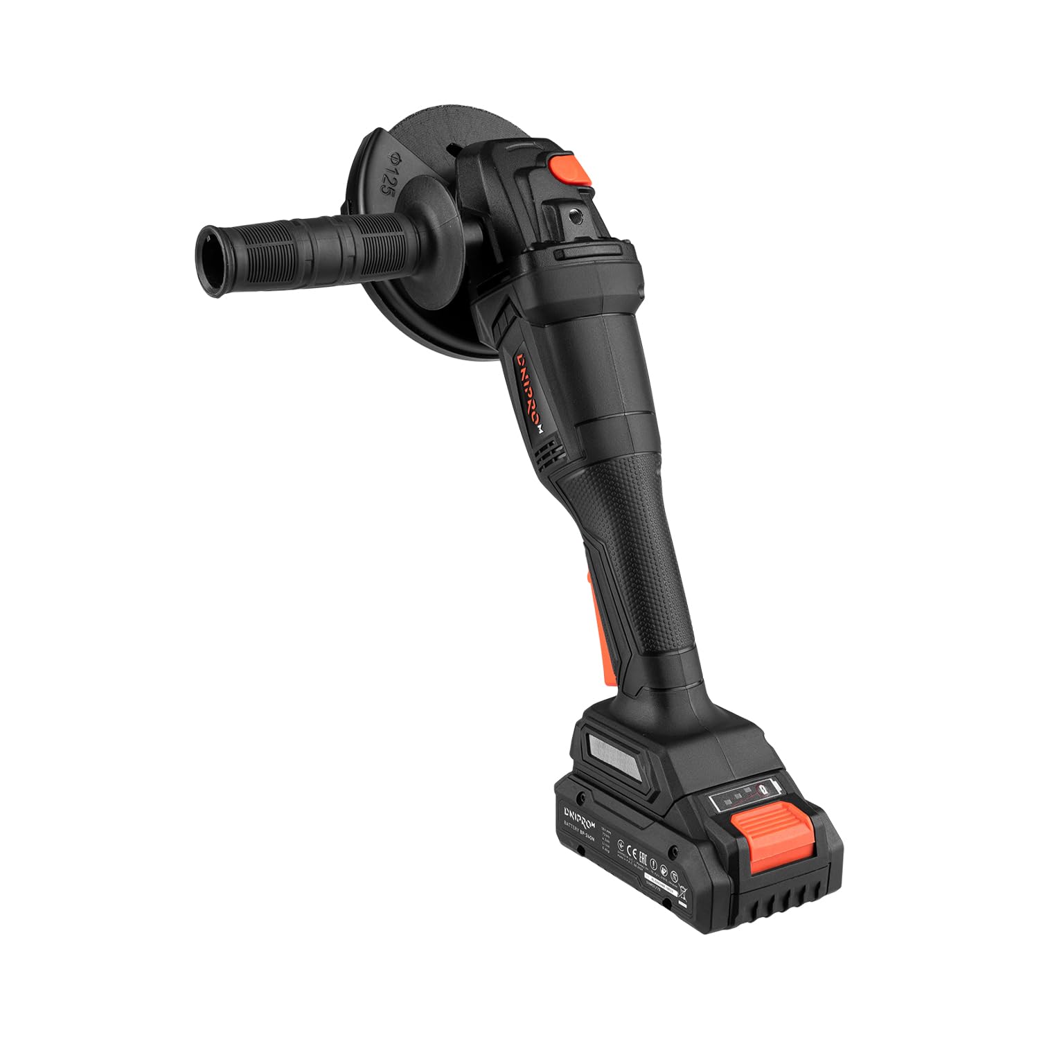 Amoladora Angular Inalámbrica DGA-201M 20V con Batería 4Ah y Cargador - Radial 125 mm 10.000 rpm M14 con Protector de Ajuste Rápido para Corte, Desbaste, Lijado y Eliminación de Óxido - por Dnipro-M