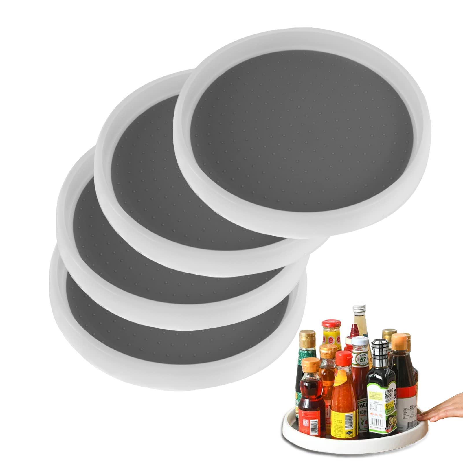 Lot de 4 plateaux tournants antidérapants Lazy Susan de 25,4 cm, rotatifs à 360 degrés, pour armoire, réfrigérateur, garde-manger et toilettes, gris/blanc