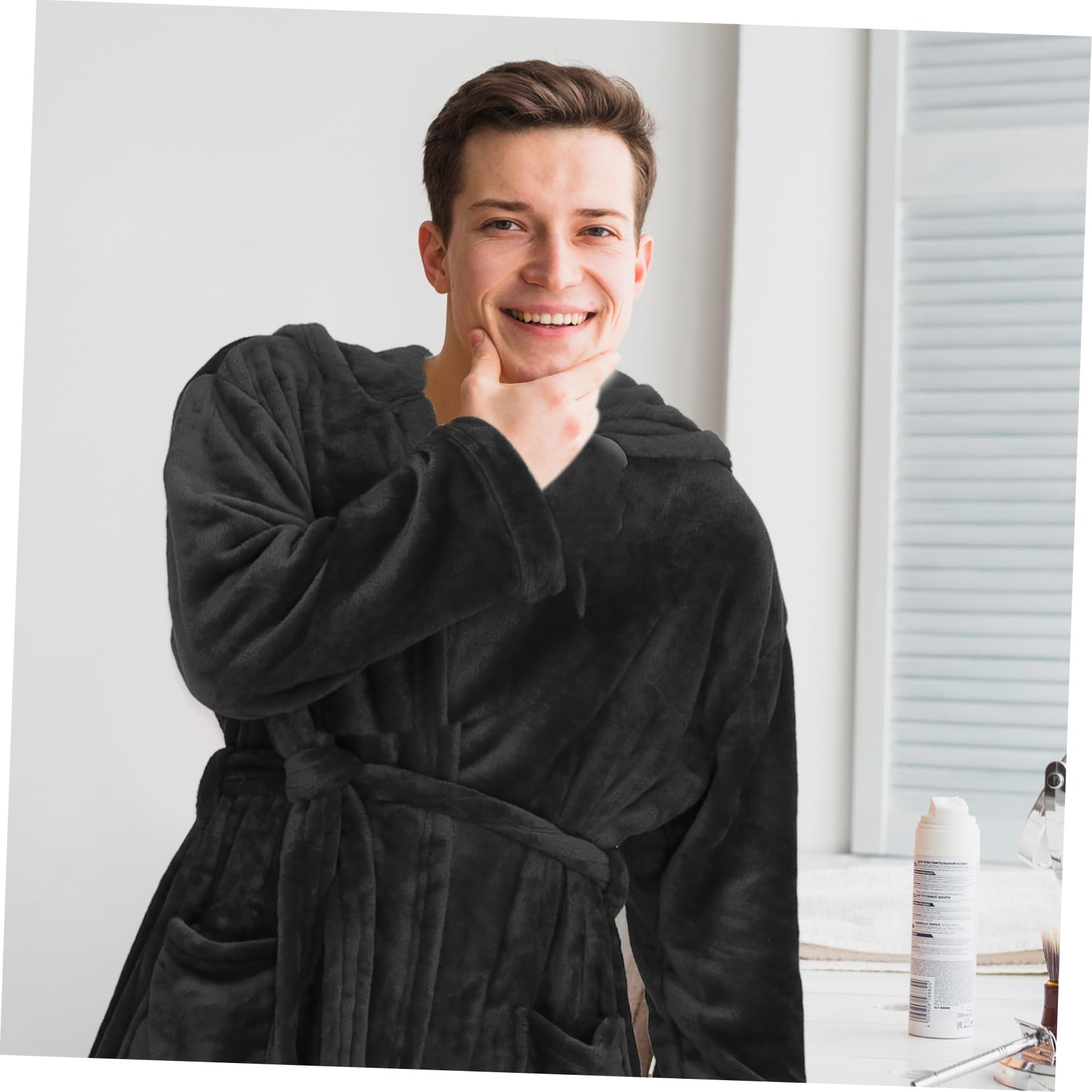 Peignoir de Bain à Capuche Noir pour Homme, Polyester, Taille Unique