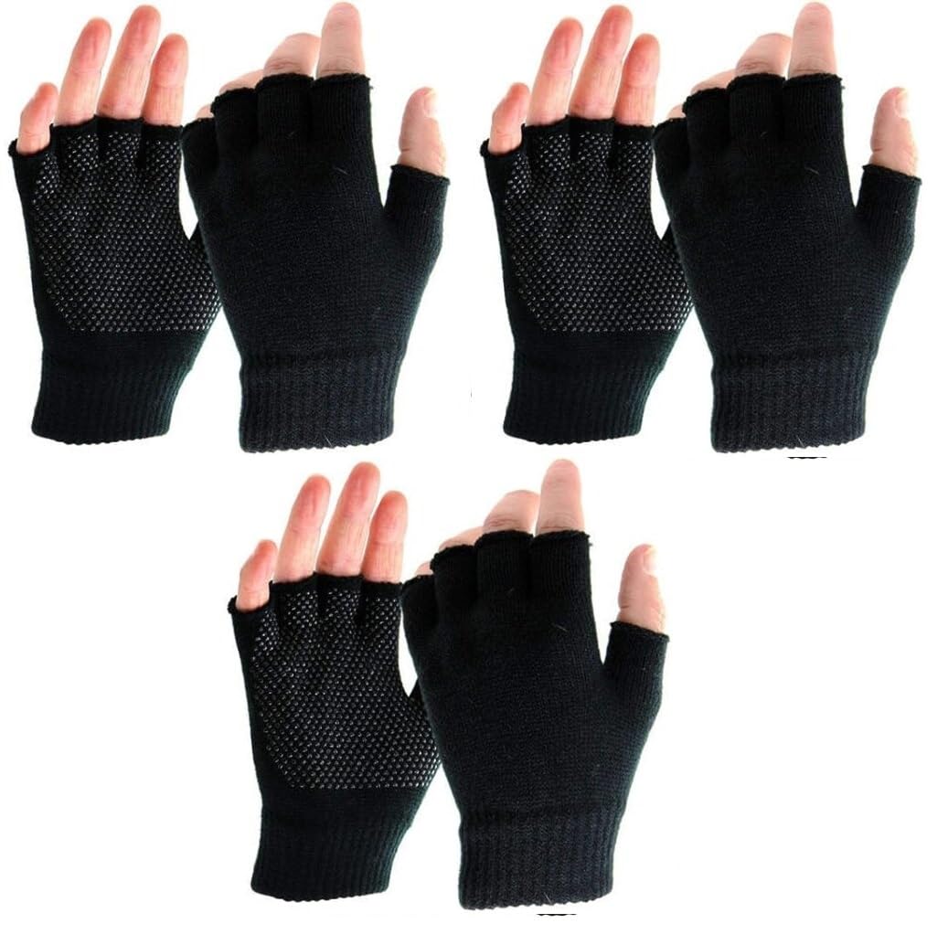 Onlybee Unisex Black 3 Pairs Of Mens Ladies Adults Fingerless Gripper Gloves One Size Winter