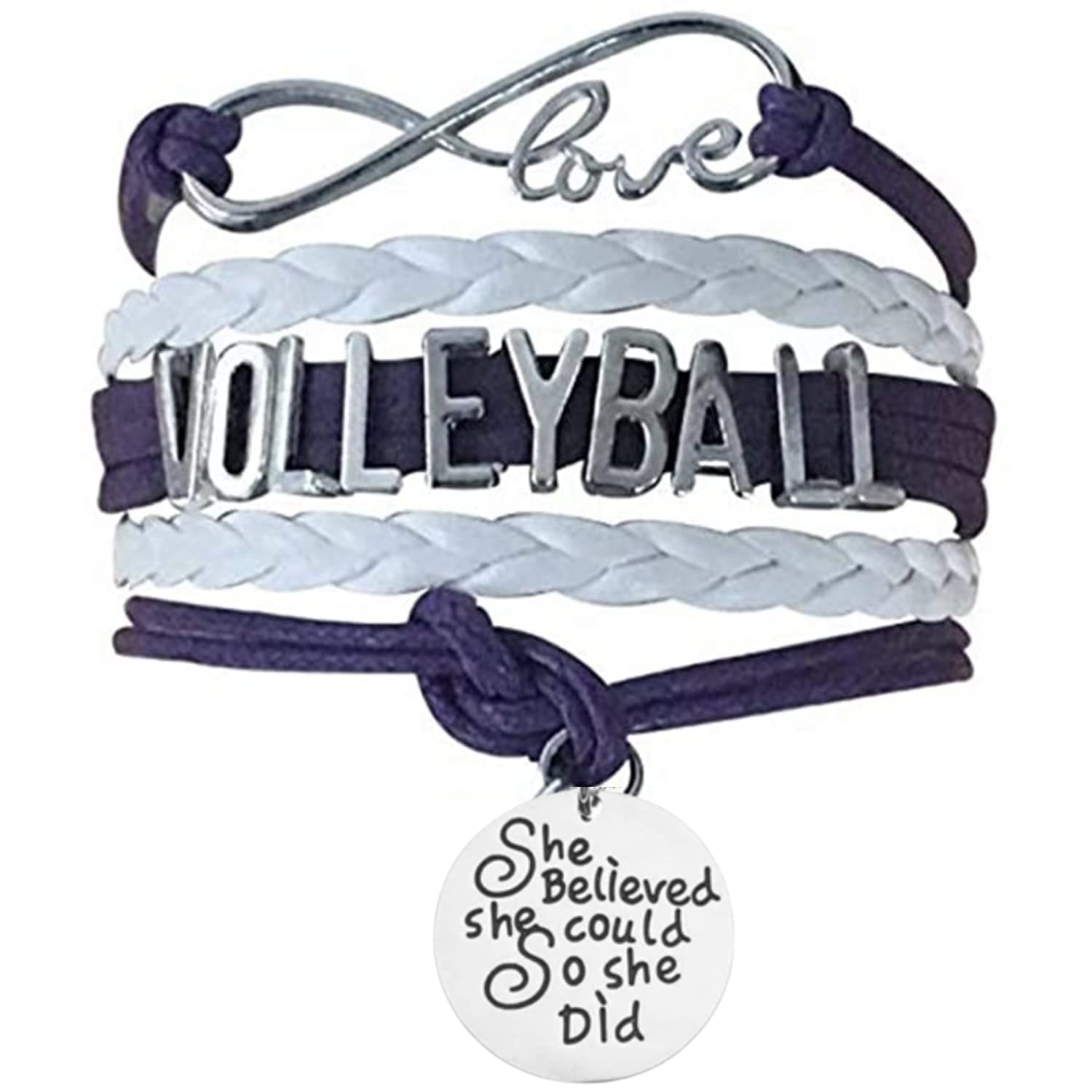 Sportybella Volleyball Charm Bracelet - Volleyball Jewelry - Volleyball She Believed She Could Bracelet for Volleyball Players - Perfect Volleyball Gifts for Players (Purple/White)