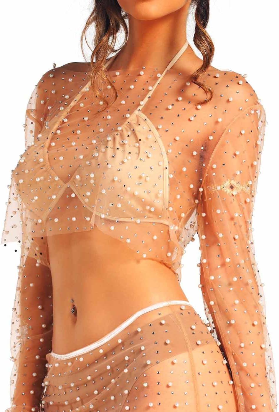 JAKAWIN Pearl Mesh Top Rhinestone See Through Blouse Long Sleeve Cropped Tops for Women Beige - Image 5