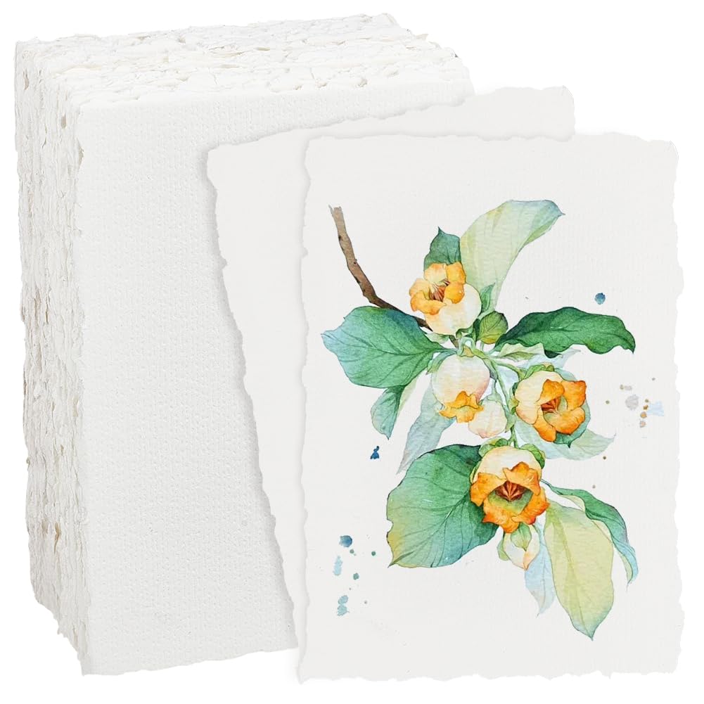 BENECREAT 100 Feuilles Papier Aquarelle Coton Fait Main 140g/m² - Papier Texturé Blanc à Bords Frangés 15,2x10,2cm Pressé à Froid pour Aquarelle Acrylique Esquisse Invitations Mariage Artisanat