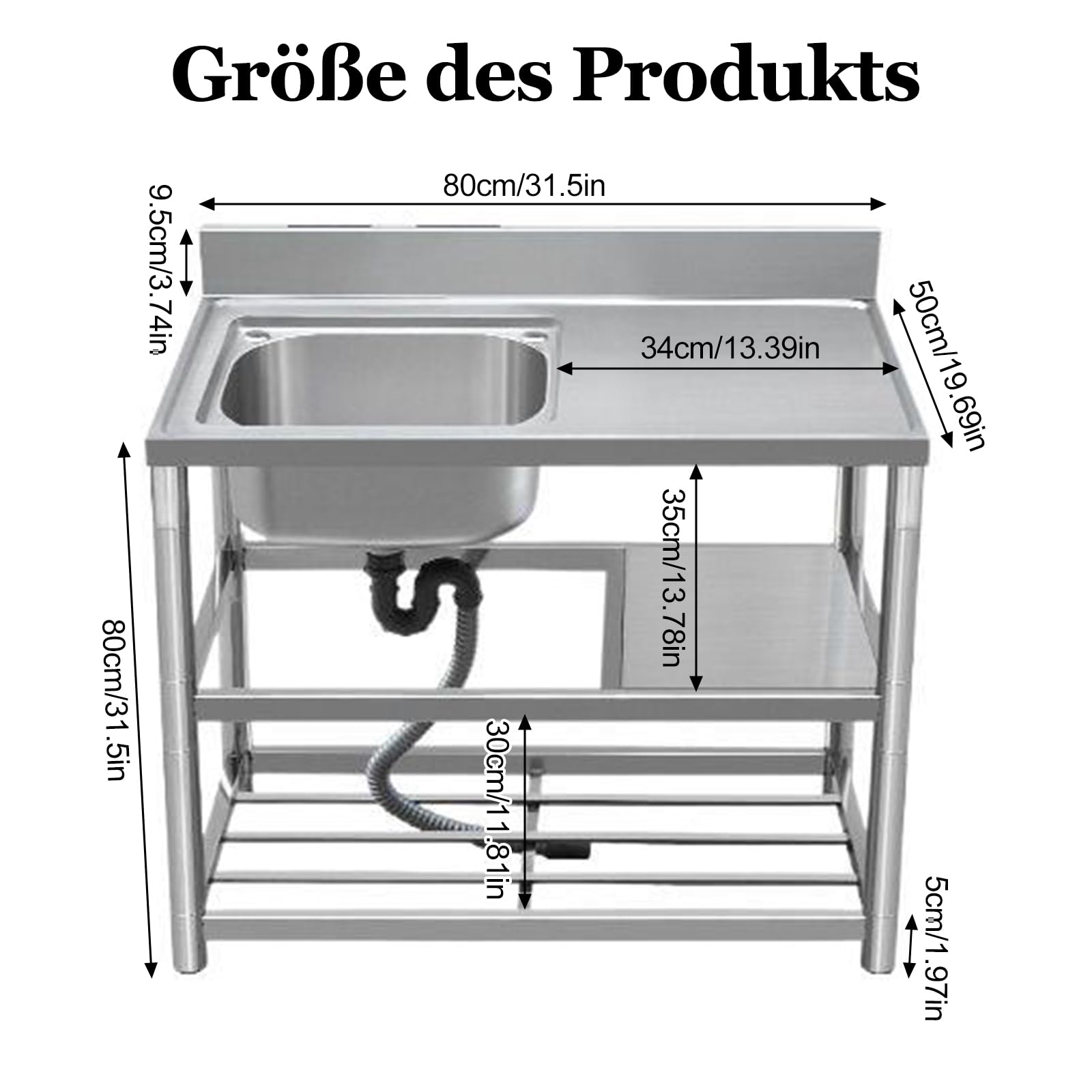 Évier sur pied en acier inoxydable avec 1 bac (gauche) 80 x 50 x 80 cm - Évier commercial avec conduite d'eau chaude et froide - Robinet et bonde - Pour extérieur, intérieur, cuisine, salle à