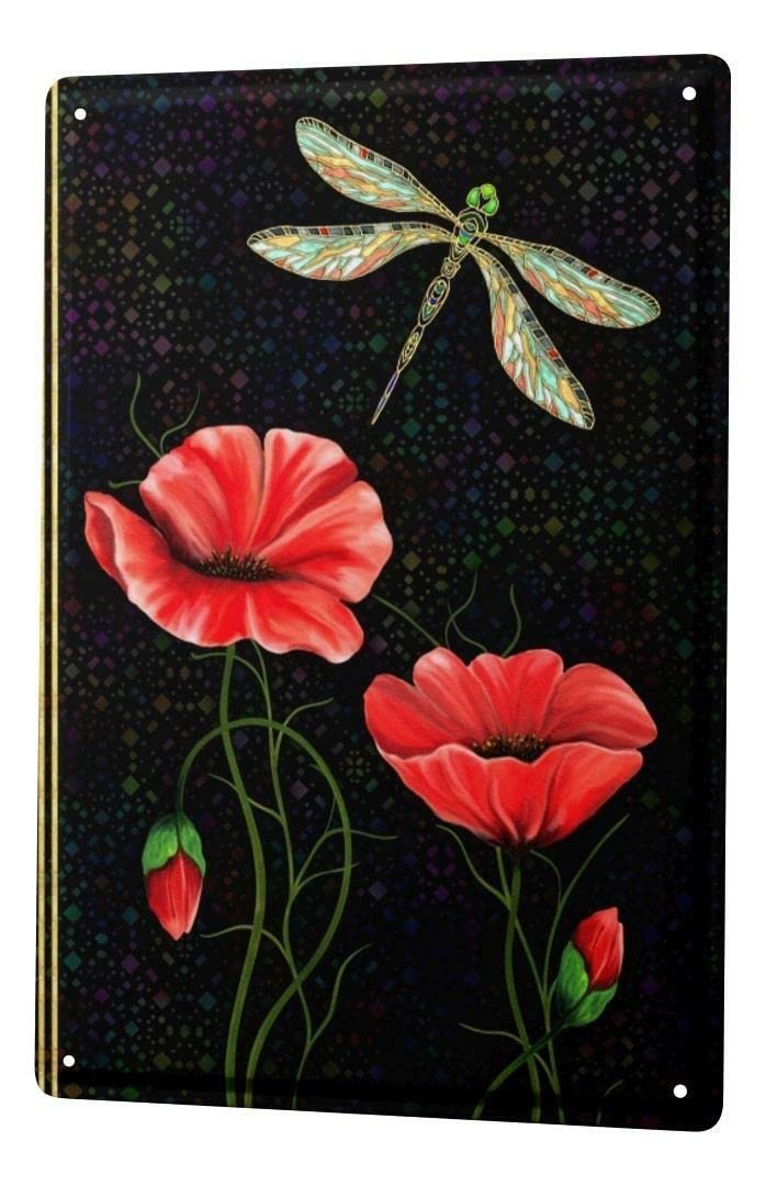 Tin Sign Plants Decoration red Poppy Flowers with Dragonfly Signs for Kitchen Home Office Bar Cafe Decor 8x12 Inch