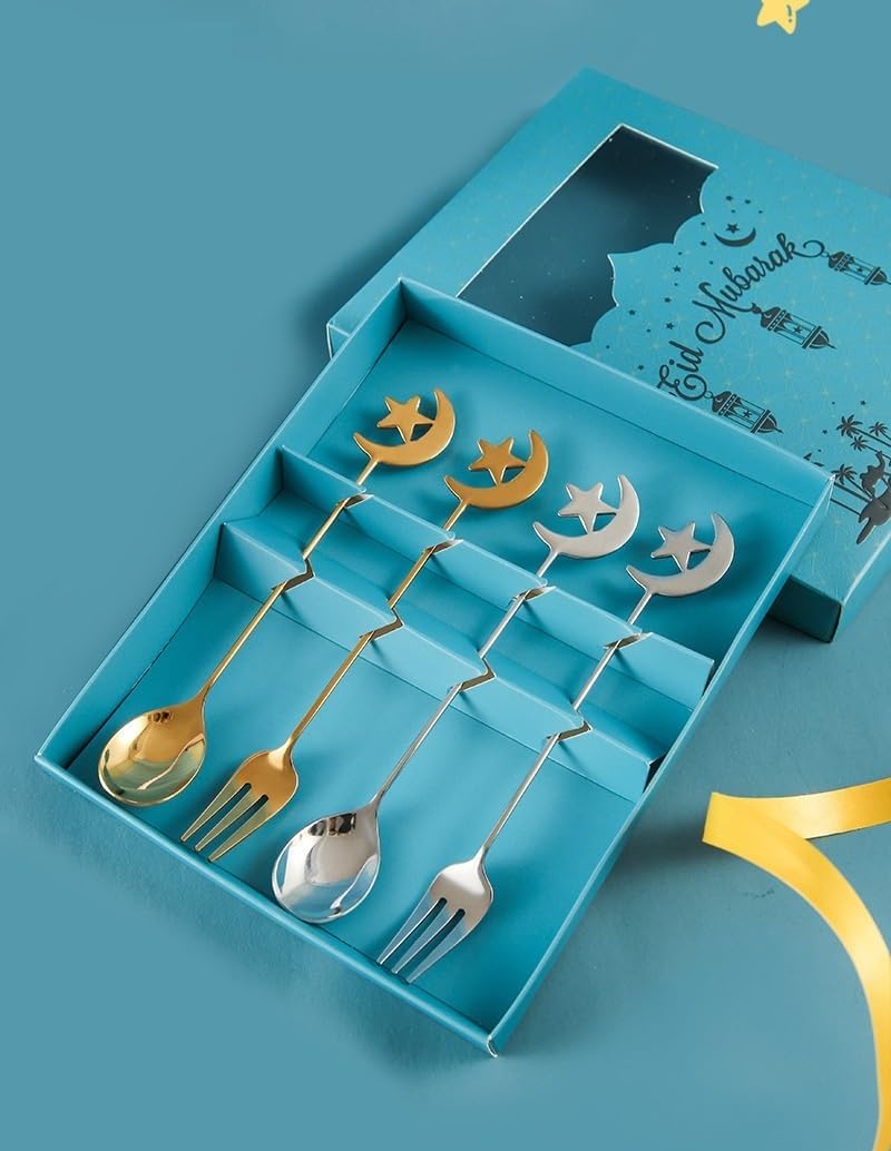 Silverware Flatware Cutlery Set, 4/16/24/32pcs stainless steel moon spoon fork cartoon cake dessert spoon fruit fork long handle stirring spoon(Gold,8Set-32Pcs)