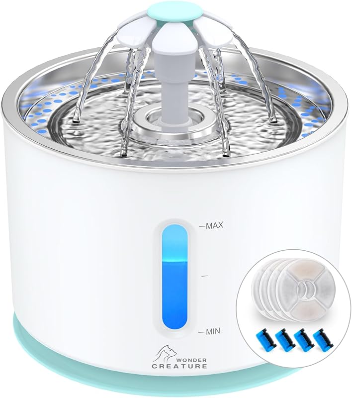 Fonte de água para gatos e cães pequenos Wonder Creature com tampa de aço inoxidável, 4 filtros e 2,4 L