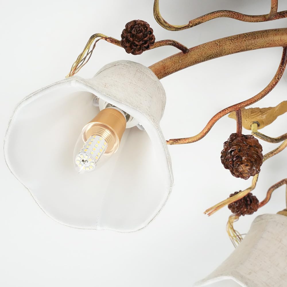 Skyblaze Classic Bird Semi Flush Mount Ceiling Light, Branches Ceiling Light with Fabric Linen Shade, Farmhouse Pine Cones Ceiling Lamp for Bedroom, Kitchen, Living Room (5 Lights)