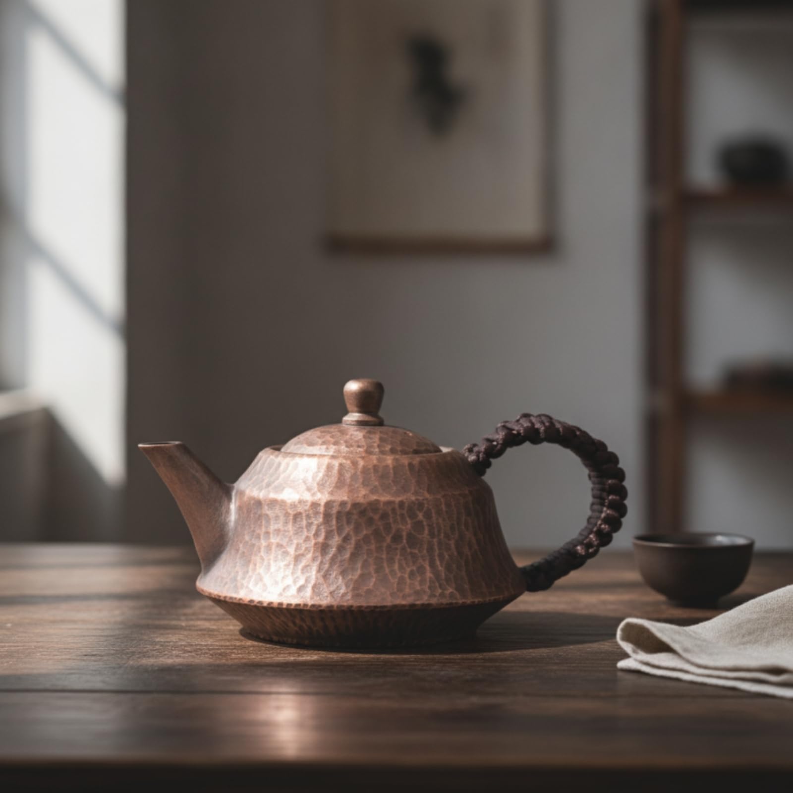 Teiera in Rame Martellato Tradizionale Teiera con Manico Laterale Elegante per Appassionati di Tè, Rame Originale, 300 Ml