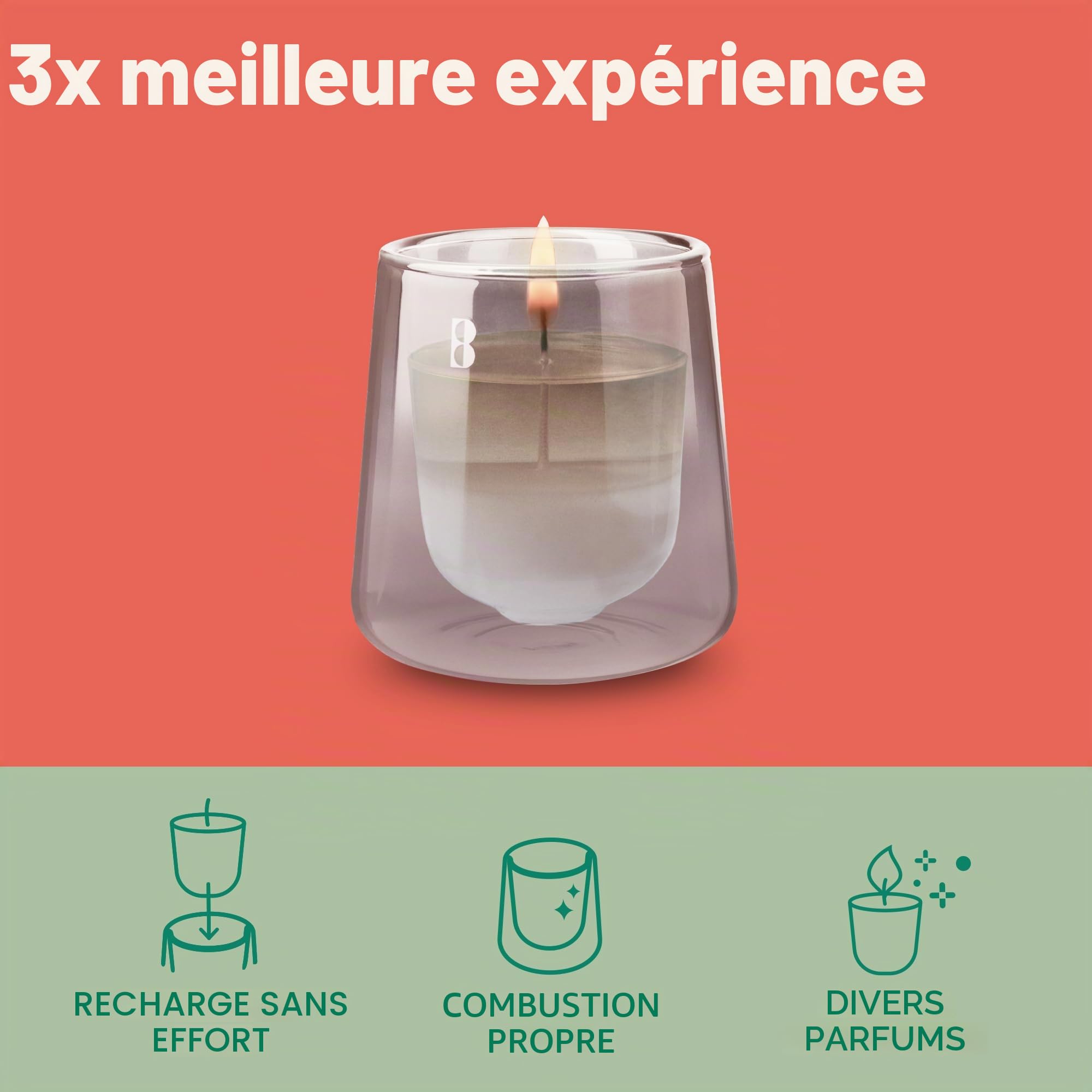 Bolsius - Set de Démarrage CleanLight - Bougie Parfumée Rechargeable - Support & 1 Recharge - Vert - Temps de Combustion de 20 Heures - Extraits Naturels & Cire Végétalienne
