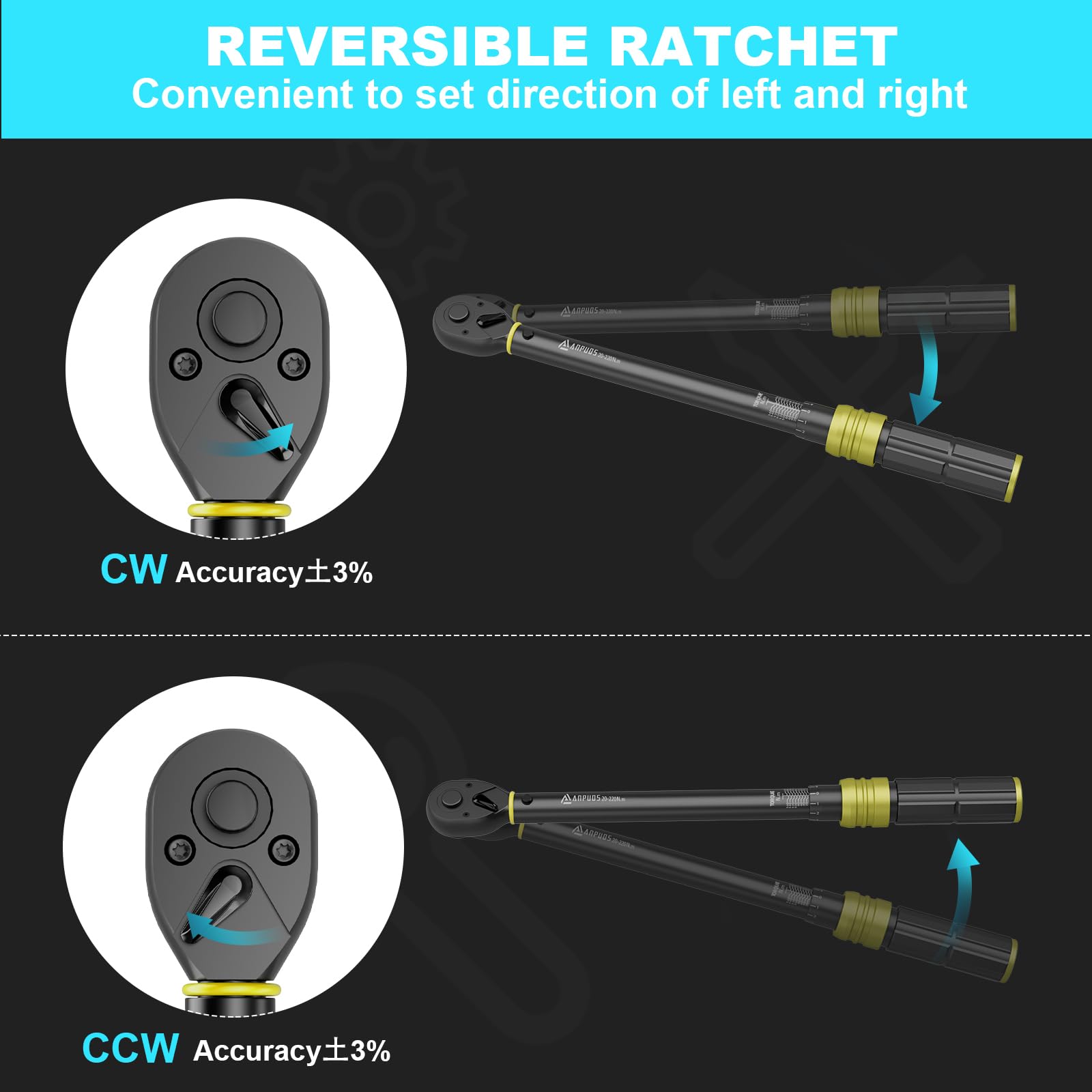 VANPO 1/2 Inch Torque Wrench 20-220 Nm, 72 Teeth Car & Motorcycle Torque Wrench Set 3 Pieces With 125 Mm Extension Rod, 1/2-3/8 Inch Adapter, For Trucks, Trucks, Tyre Changes