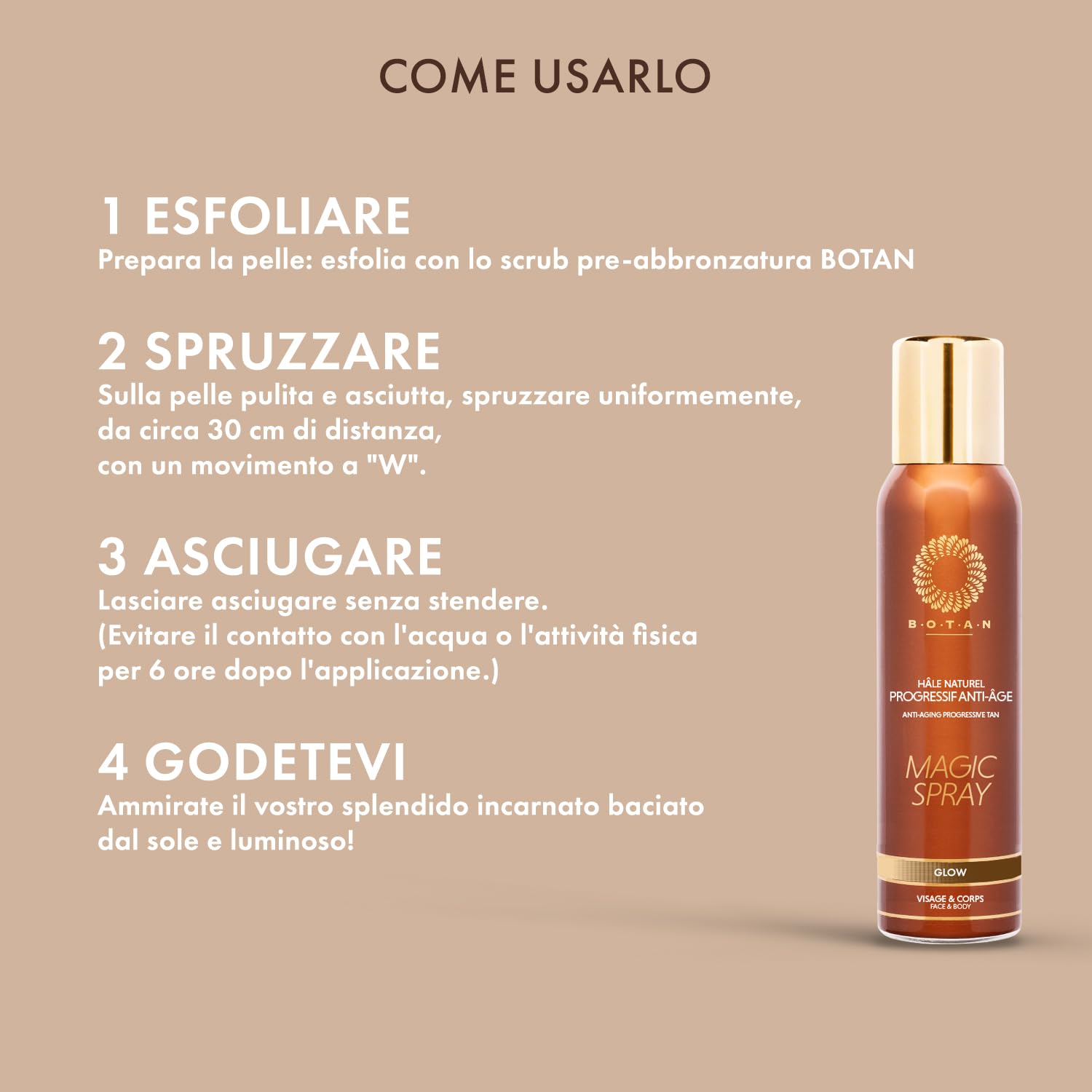 BOTAN Cosmetics - Spray Autoabbronzante Progressivo Anti-età 125 mL - Abbronzatura Naturale e Satinata - Vegano e Senza Alcol